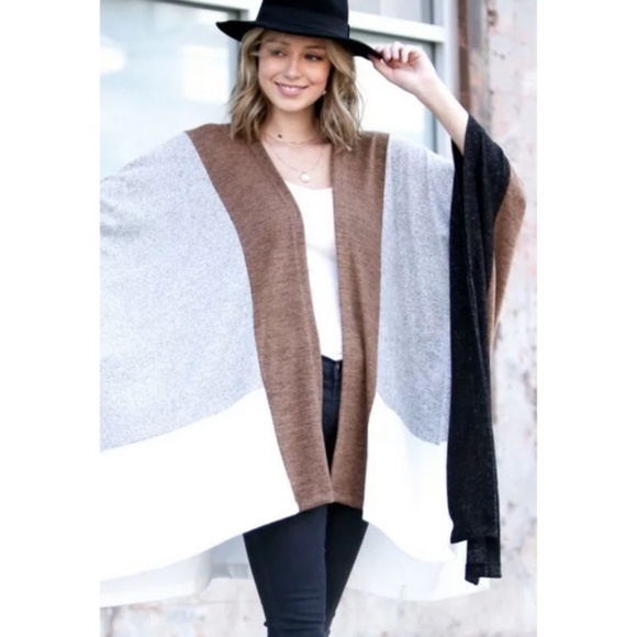 Gray Camel Color Block Dolman Poncho Cardigan - Picture 4 of 5